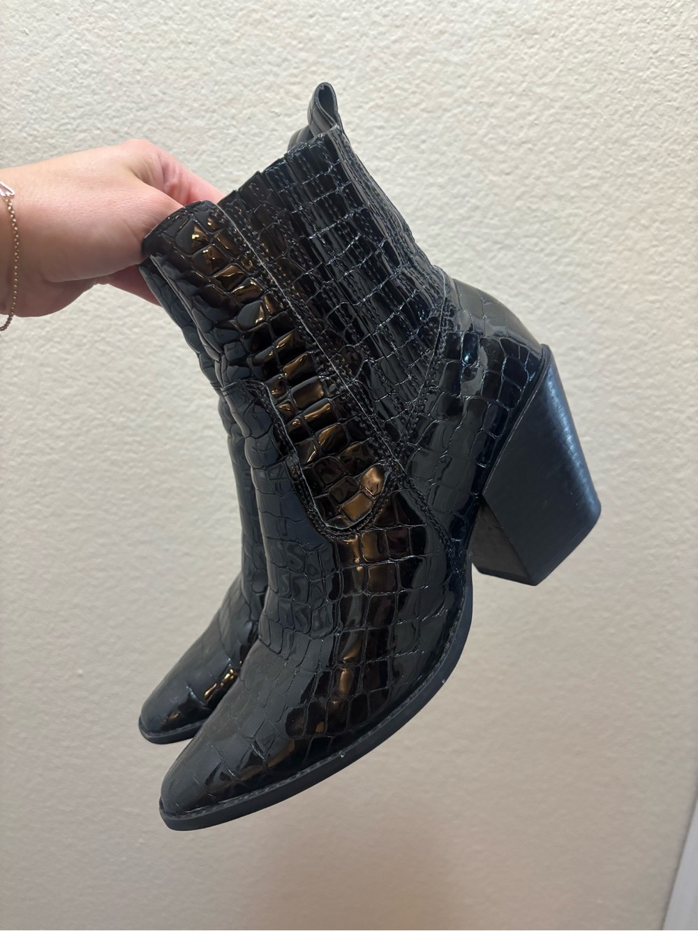 Aqua Black Faux Croc-Embossed Ankle Booties